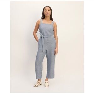 EVERLANE The Linen Side-button Blue White Straight Leg Jumpsuit Size 2
